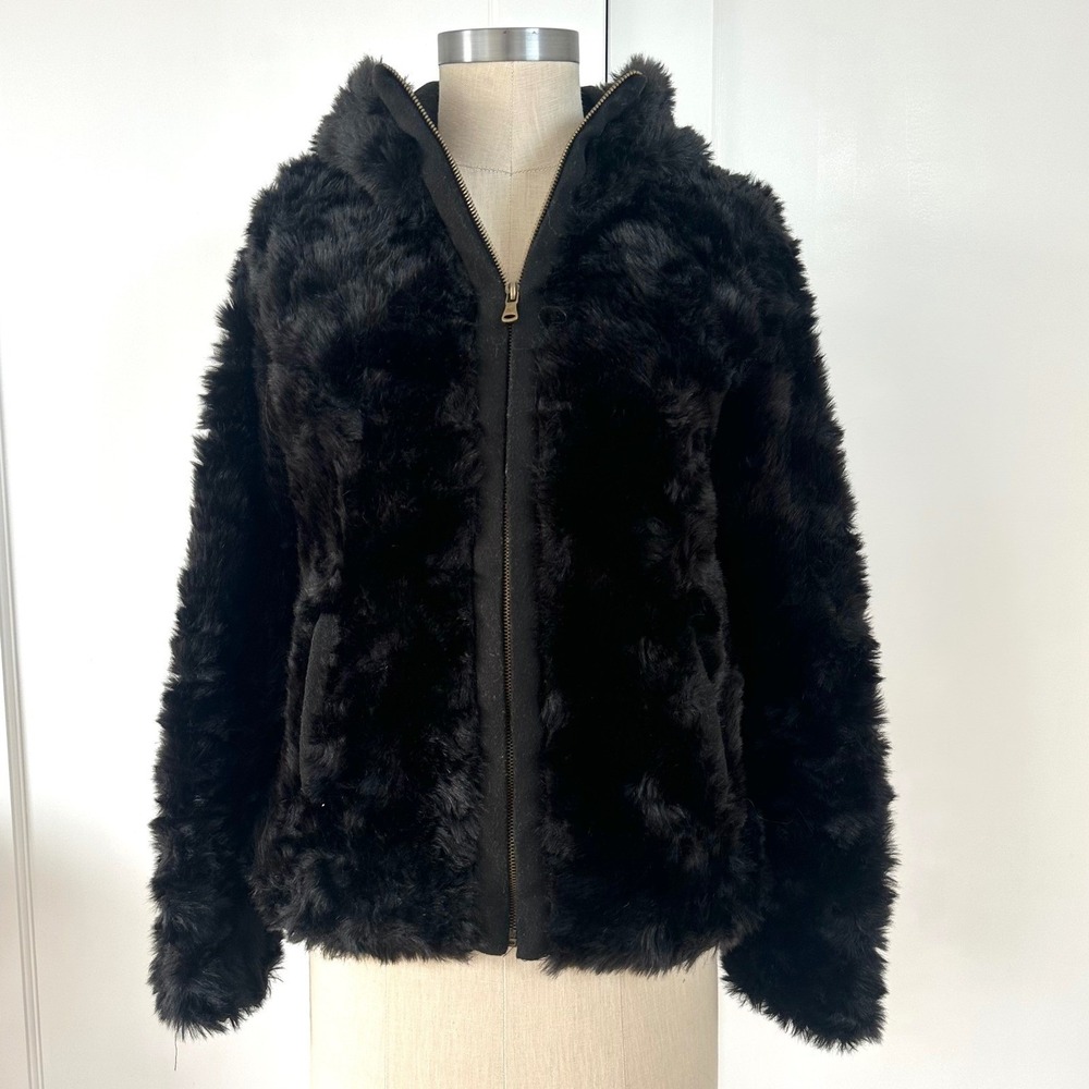 Zara TRF Black Faux Fur Hoodedβ Zip Up Bomber Jacket Women's Winter Coat Y2K